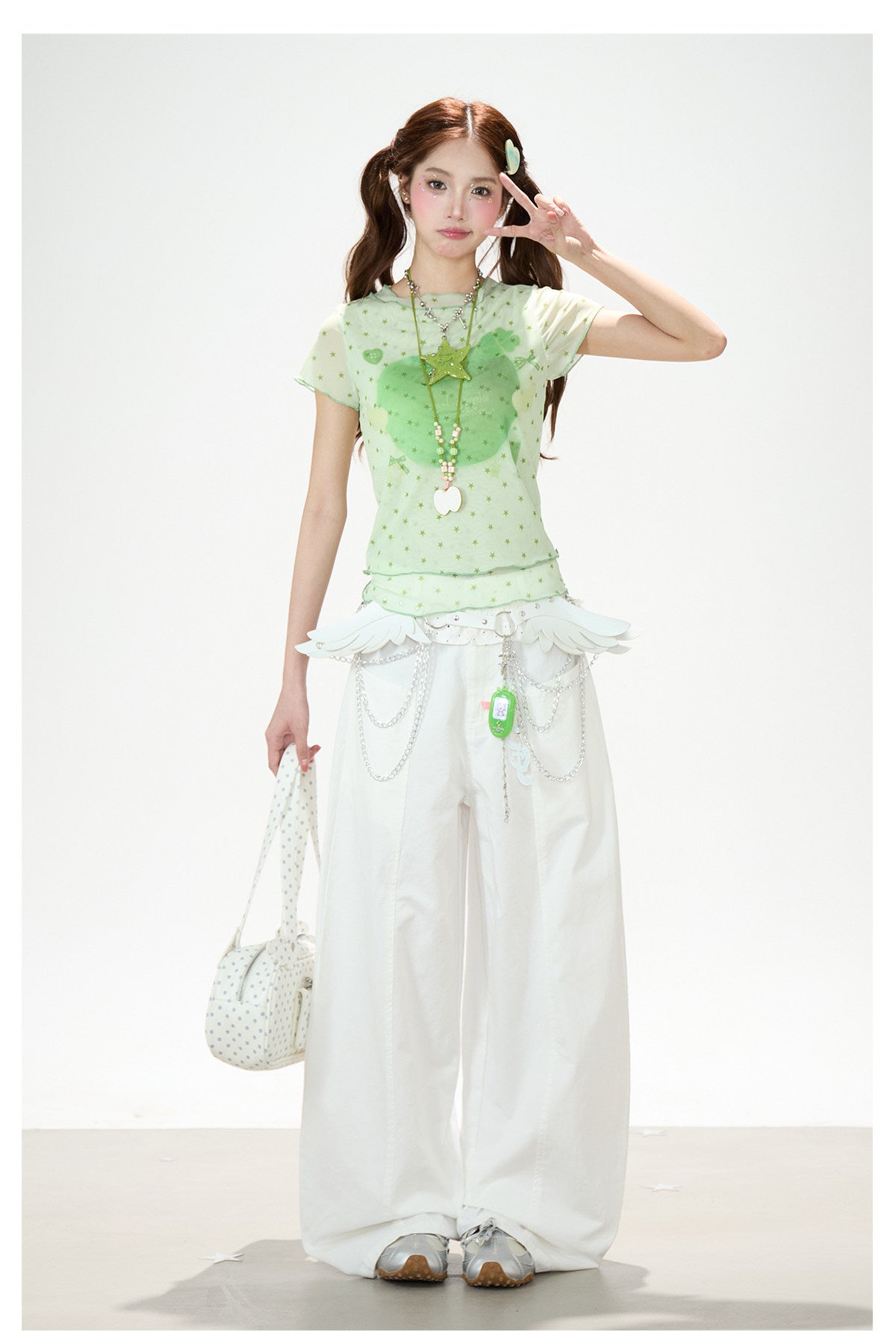 Star Mesh Baby Tee & White Wide-Leg Pants