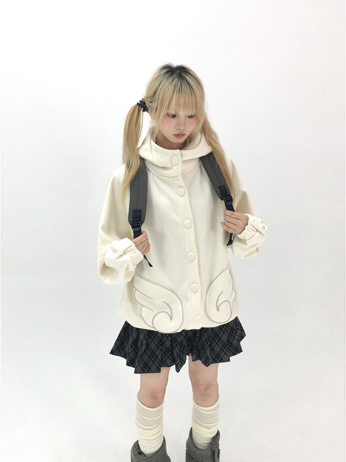 Dusty Blue & Ivory Fleece-Lined Cat Ear Wing Pocket Hooded Jacket