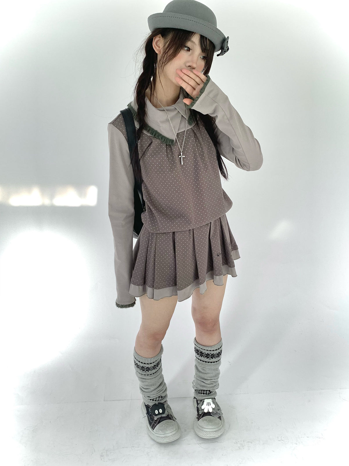 Gray Khaki Polka Dot Faux-Layer Pleated Mini Dress