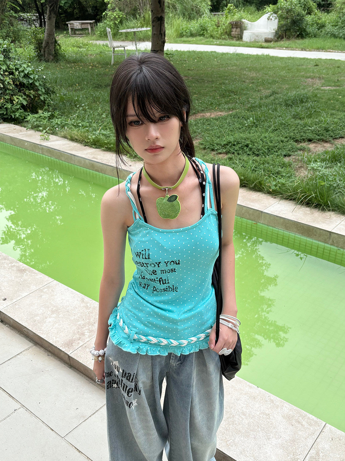Aqua Polka Dot Braided Ruffle Tank Top