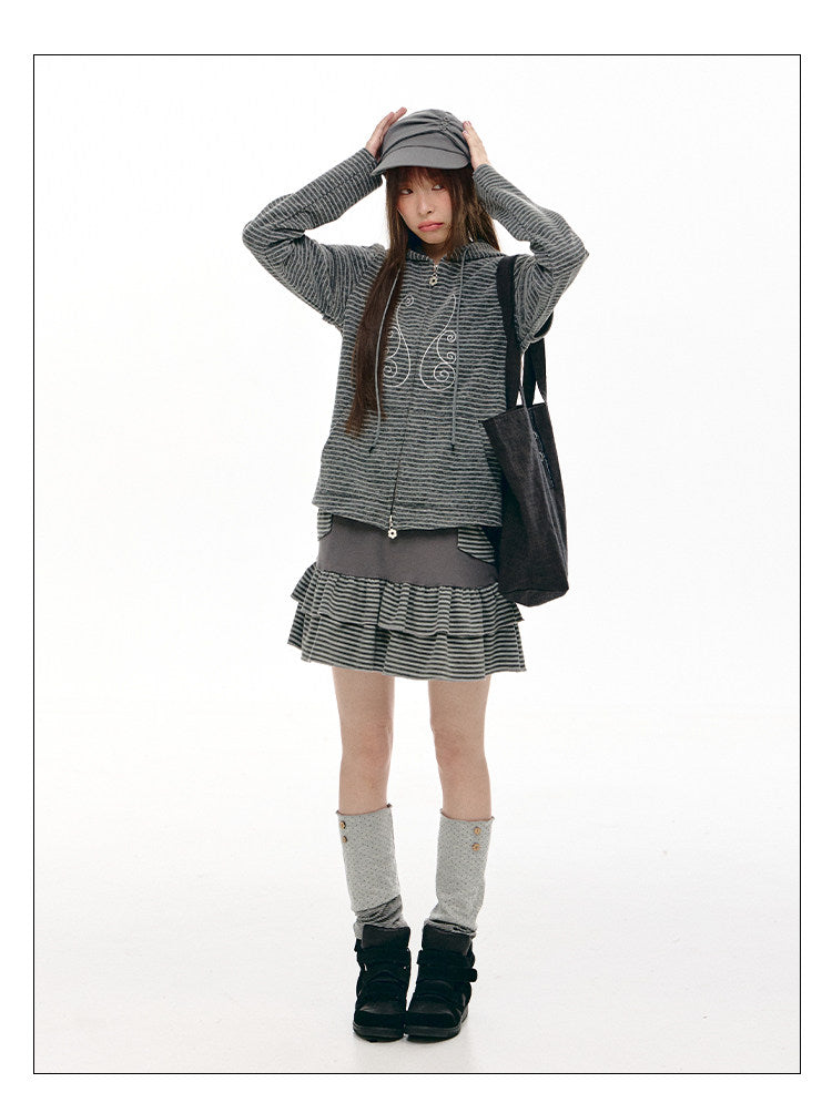 Charcoal Stripe Music Note Faux-Layer Zip Hoodie