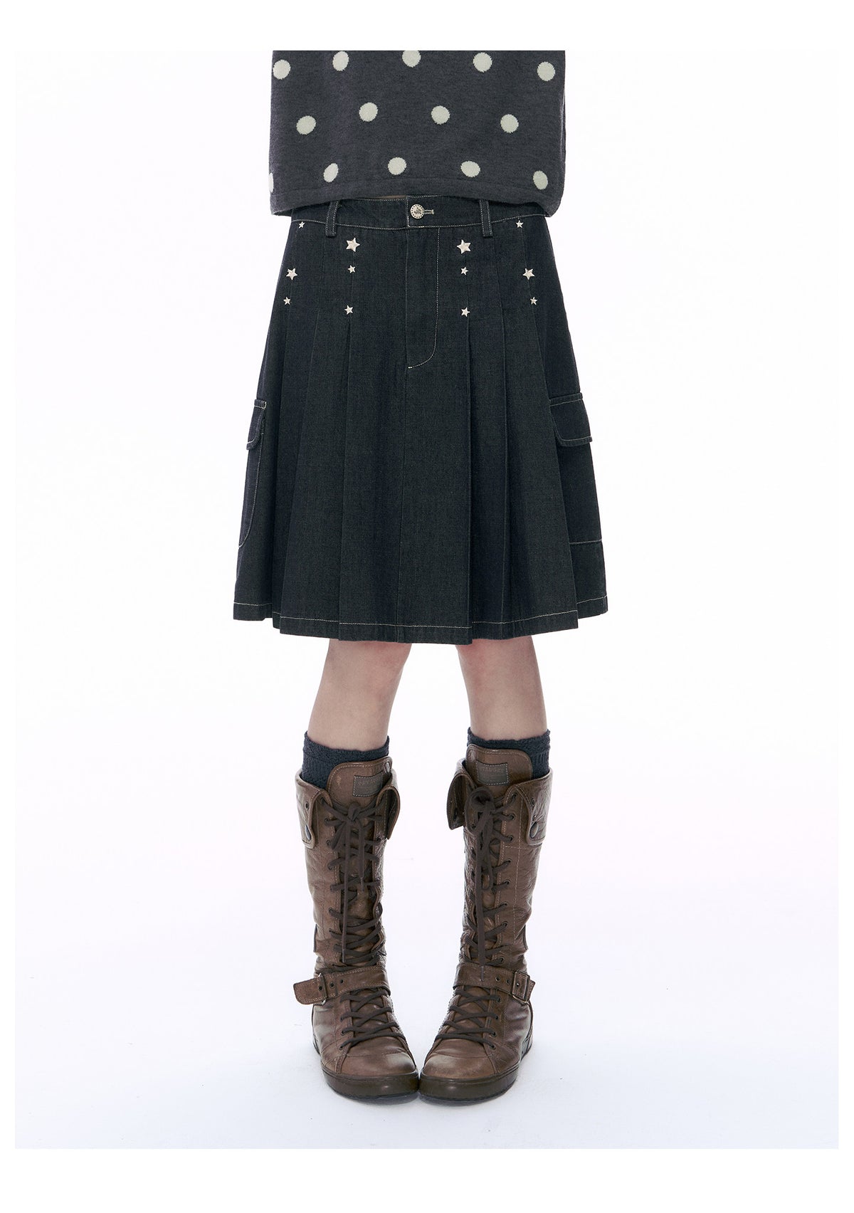 Embroidered Star Pleated Denim Midi Skirt