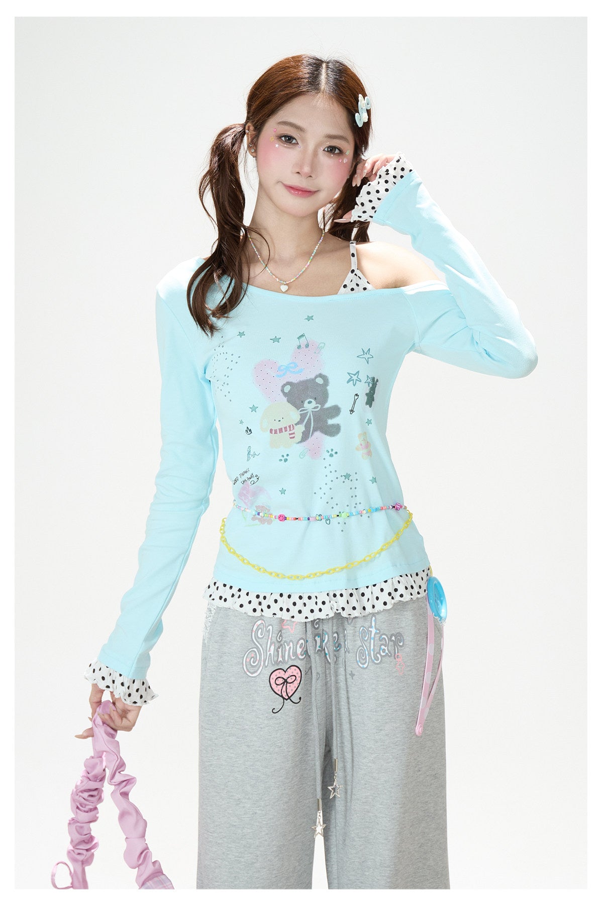 Dreamy Cartoon Off-Shoulder Layered Long Sleeve Top & Polka Dot Wide-Leg Pants