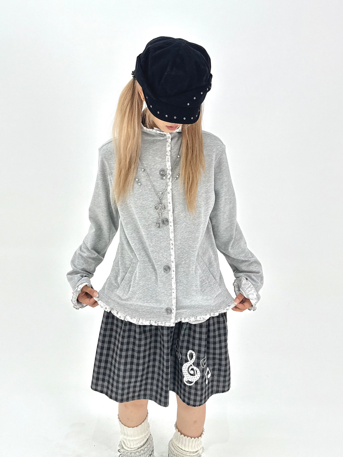 Floral-Trim Stand Collar Button Cardigan