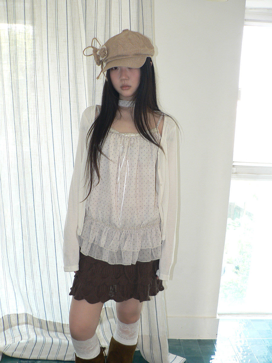 Polka Dot Ruffle Camisole & Cardigan Set with Scarf