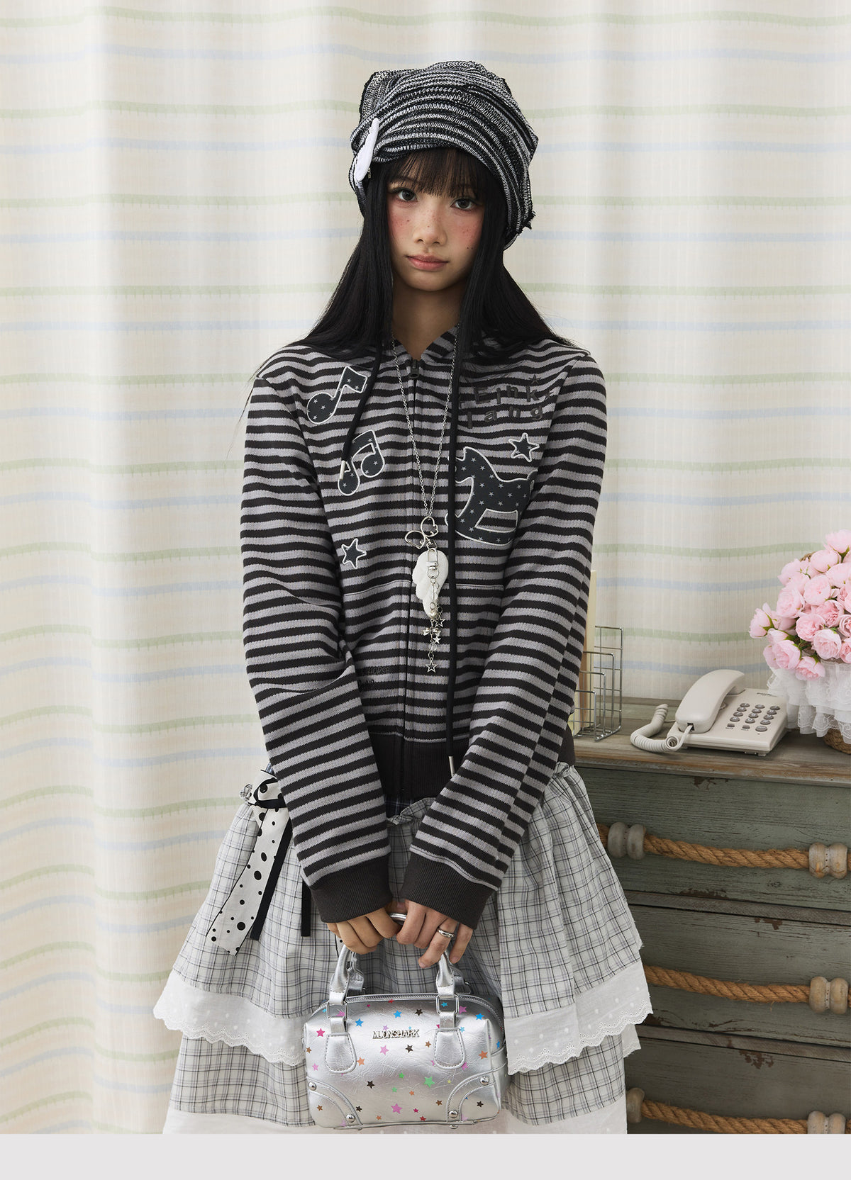 Striped Rocking Horse Embroidered Zip-Up Hoodie