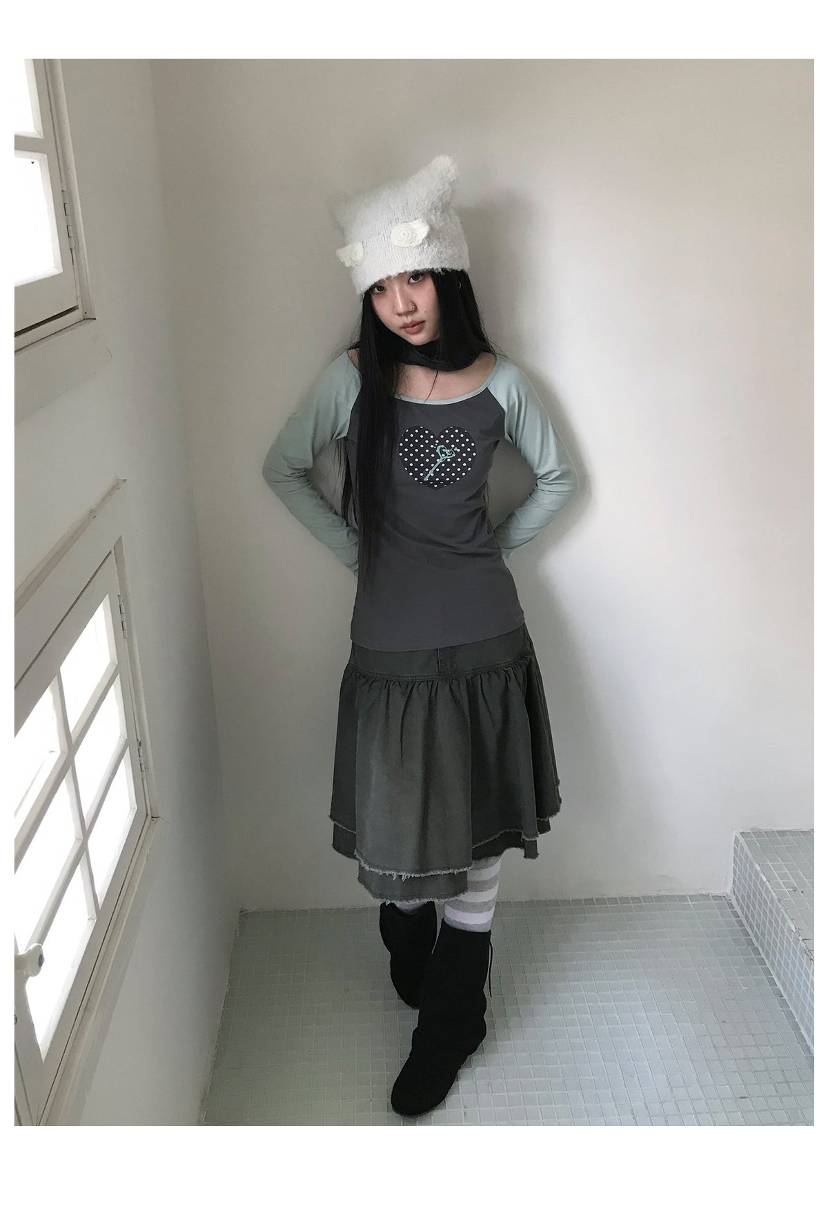 Polka Dot Heart Key Contrast Raglan Long Sleeve Tee