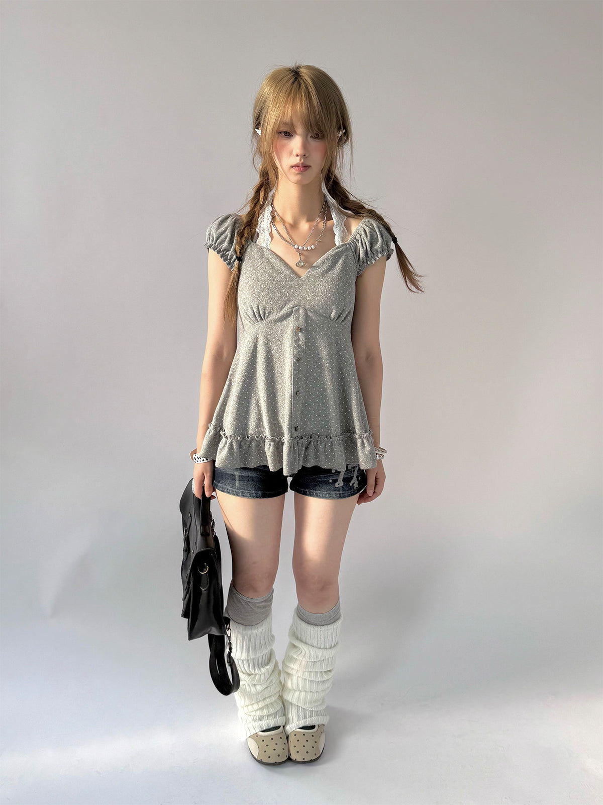 Polka Dot Lace Halter Ruffle Tee