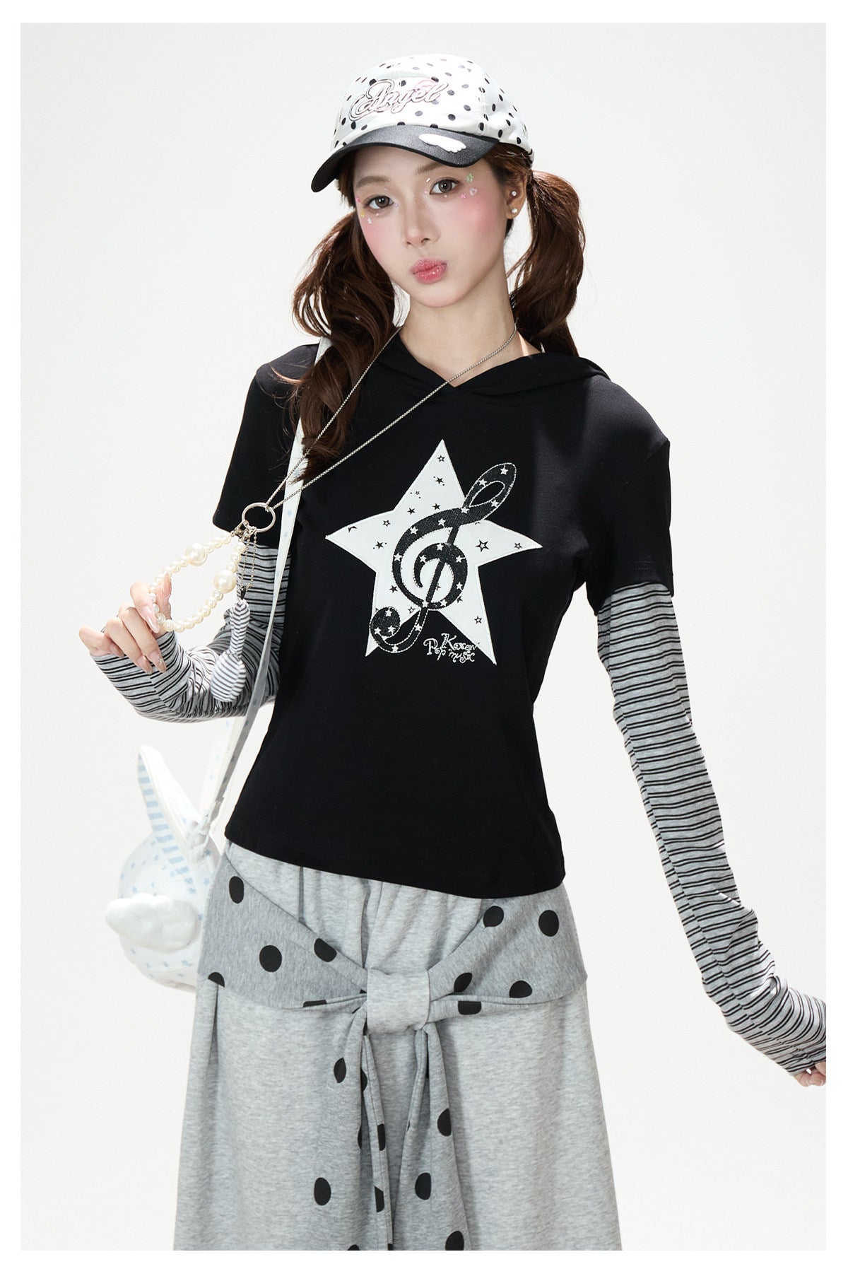 Music Note Star Layered Hoodie Top & Polka Dot Tie-Waist Wide-Leg Pants