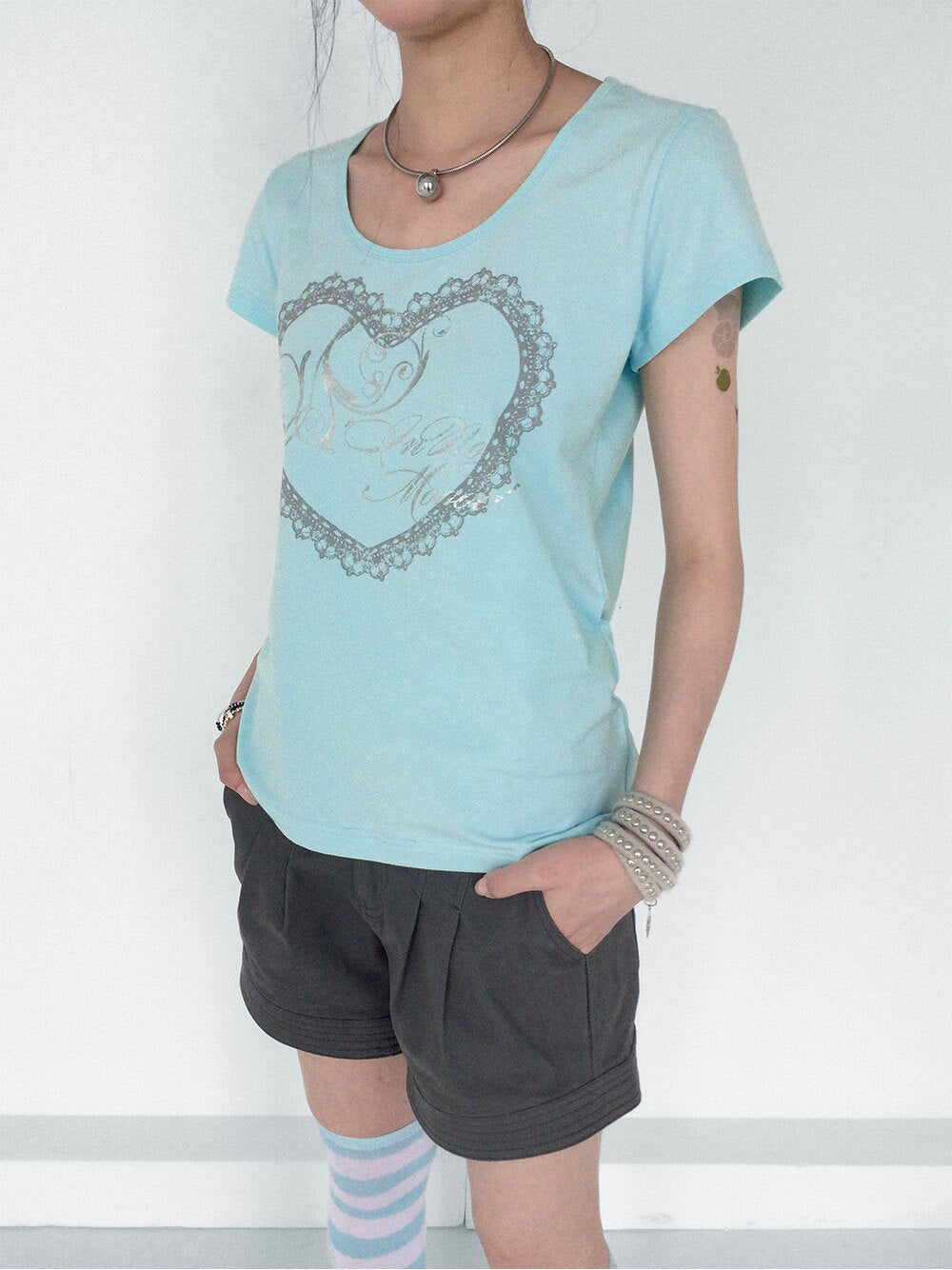 Silver Lace Heart Scoop-Neck Fitted Tee