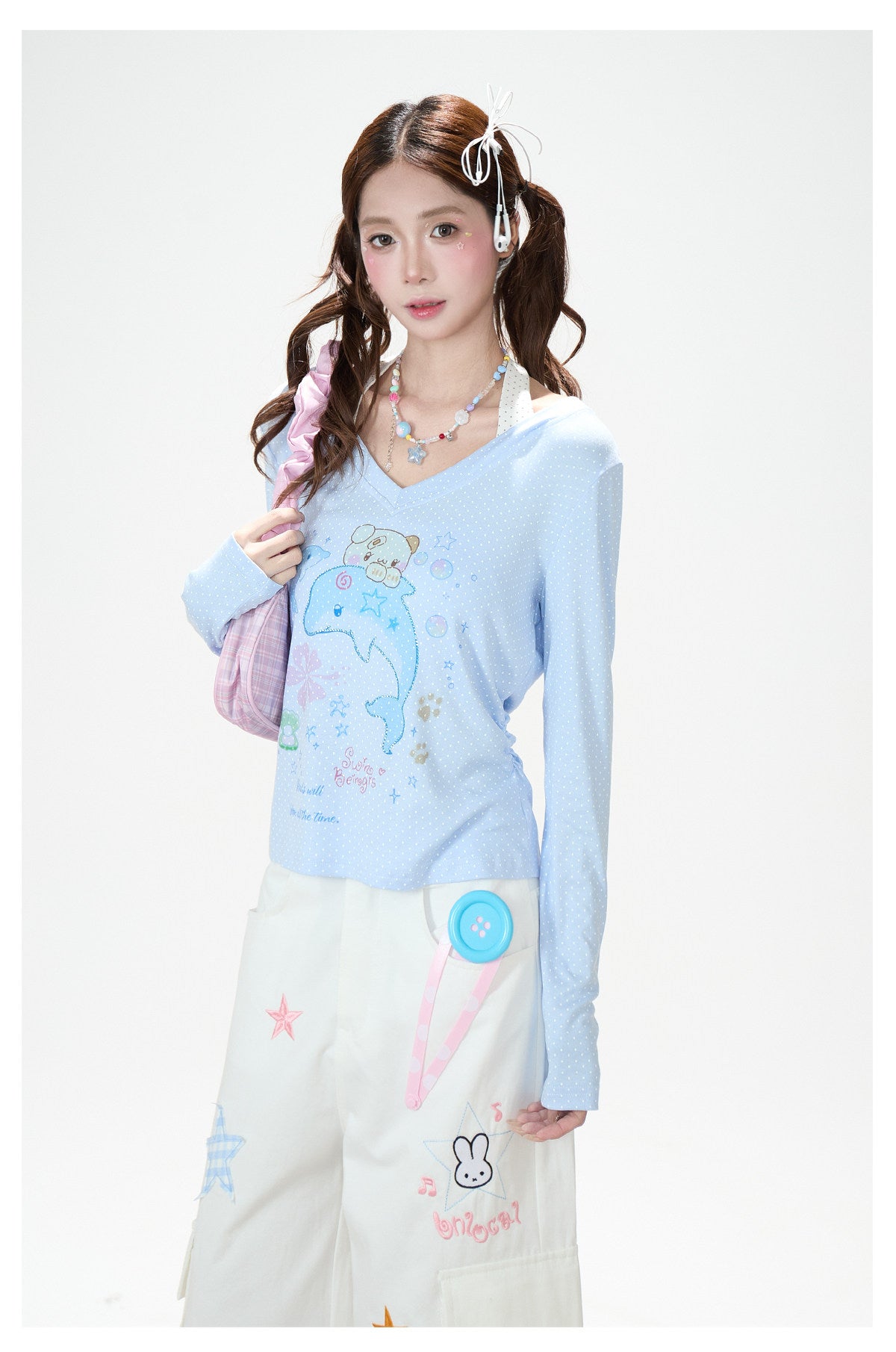 Dreamy Dolphin Polka-Dot V-Neck Long Sleeve Top & Gingham Ruffle Mini Skirt
