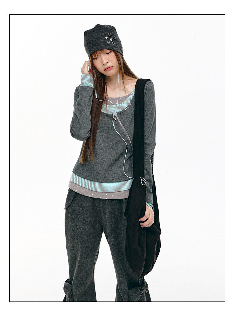 Triple-Layer Polka Dot Asymmetric Zip Long Sleeve Top