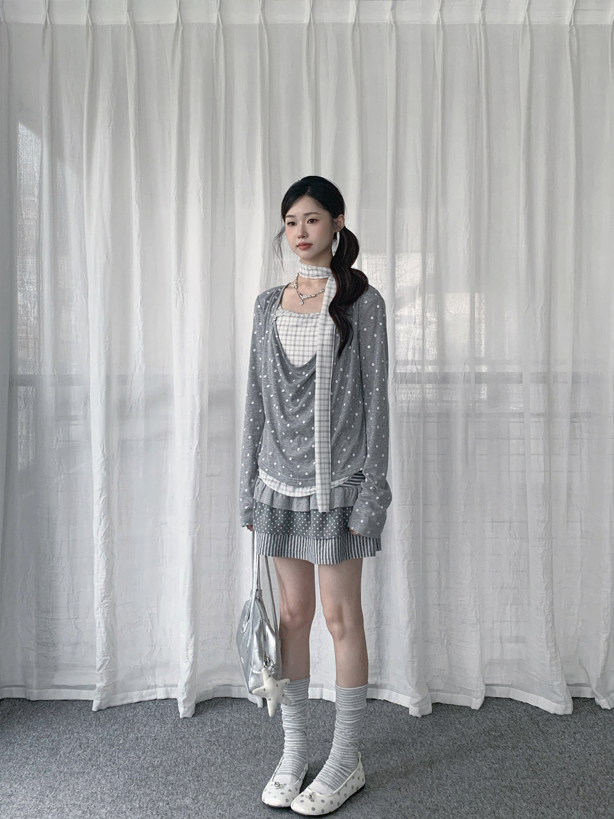 Polka Dot Plaid Scarf Layered Long Sleeve Top