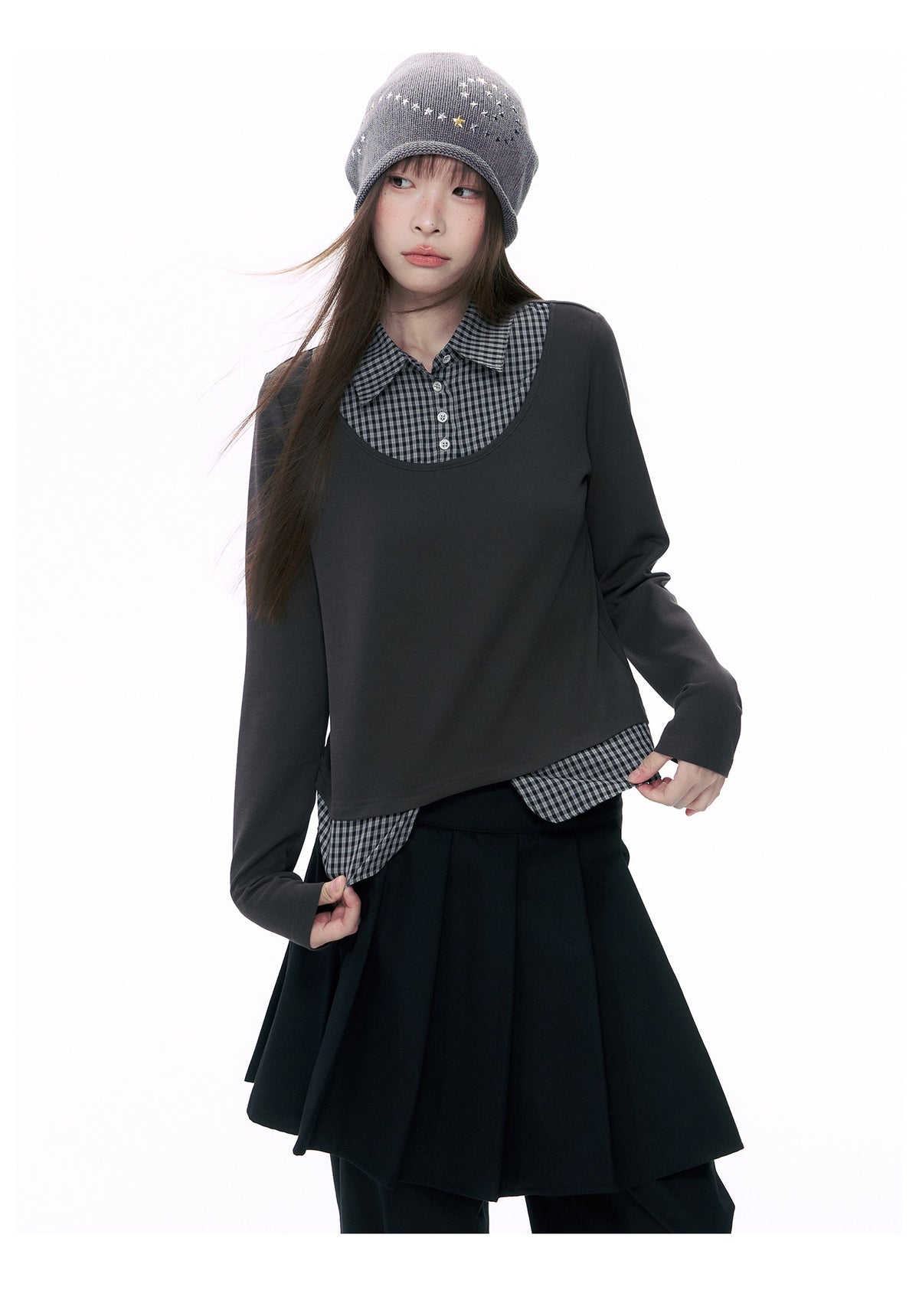 Plaid Collar Faux-Layer Long Sleeve Top
