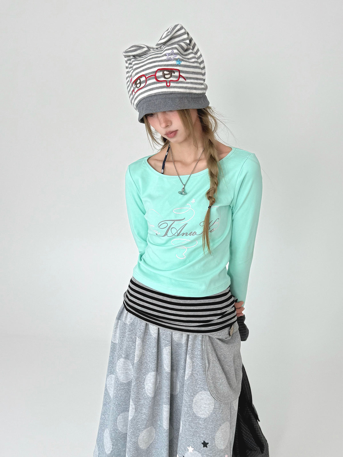 Mint Star Script Faux-Layered Long Sleeve Top