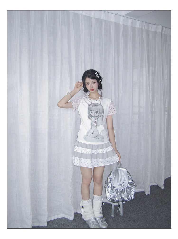 Angel Girl Contrast Sleeve Graphic Tee