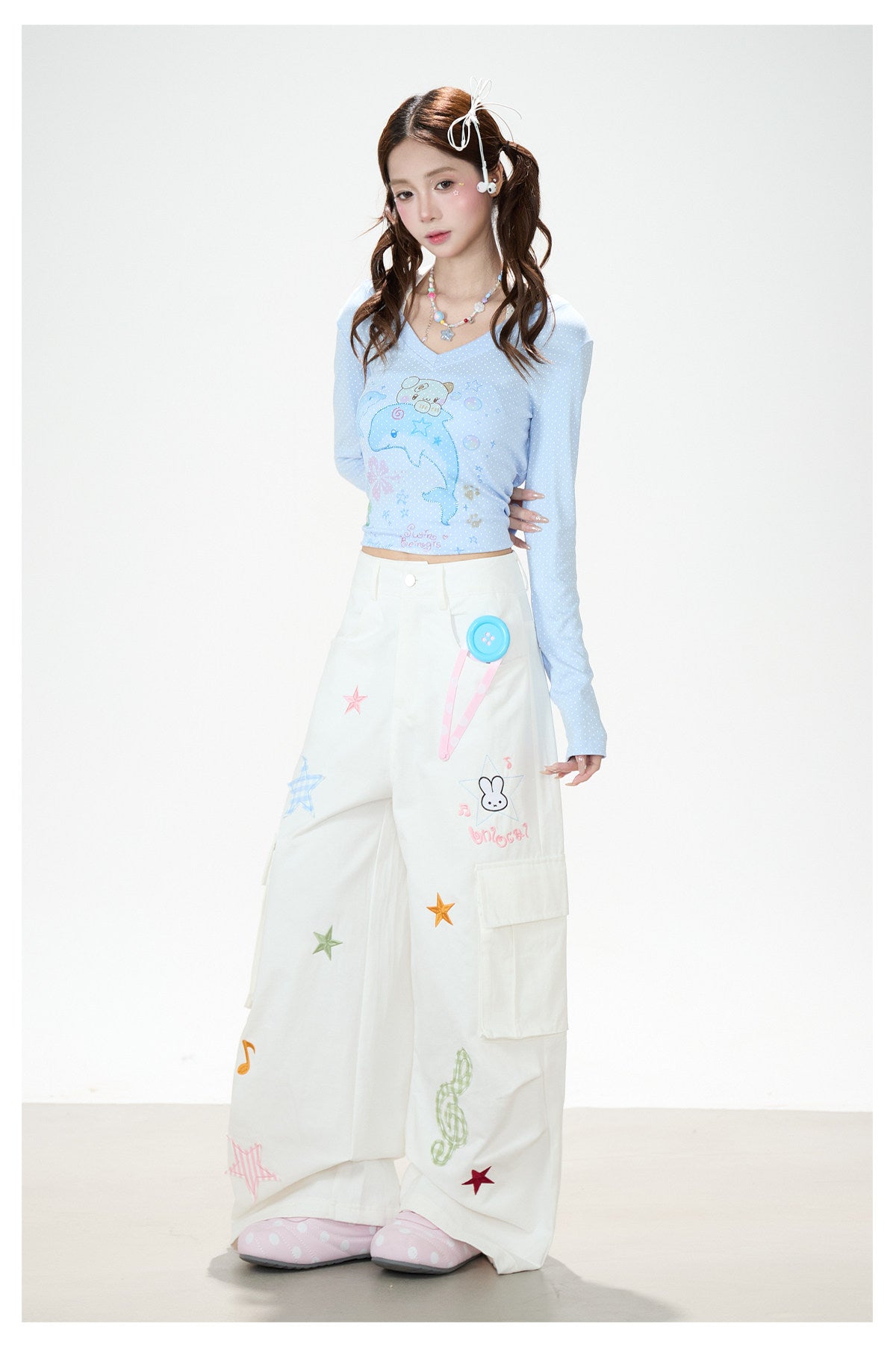 Cartoon Patch Embroidered Wide-Leg Cargo Pants