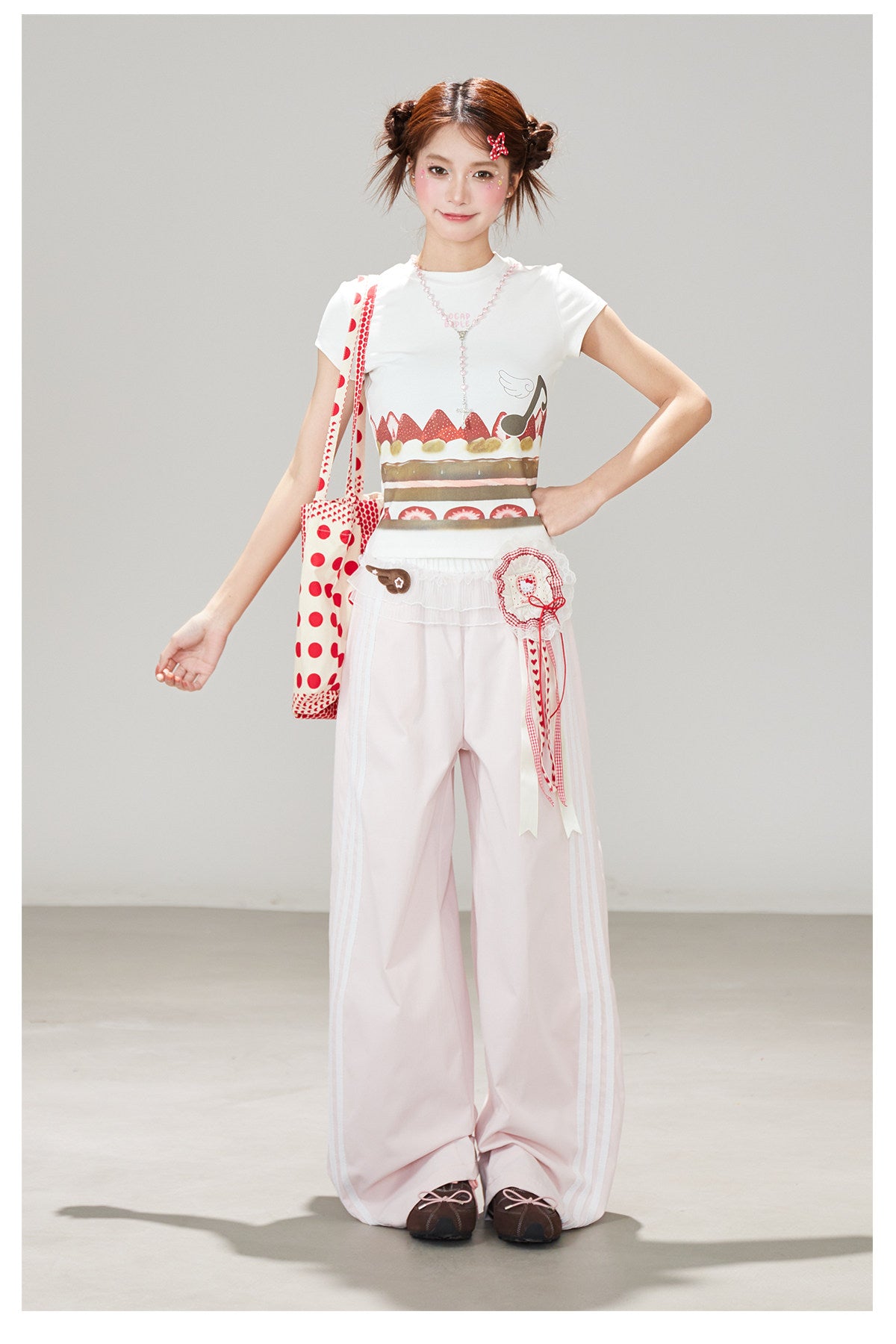 Ruffle Waist Side Stripe Wide-Leg Pants