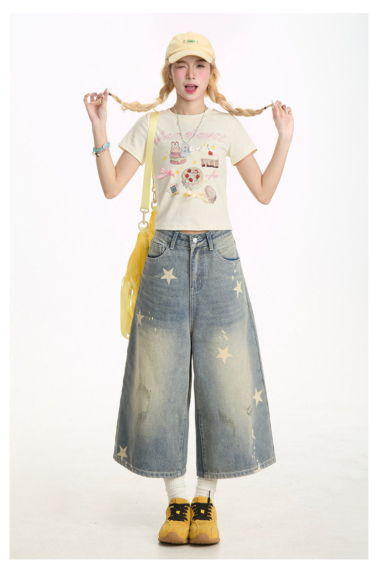 Washed Star Print Wide-Leg Denim Capri Pants