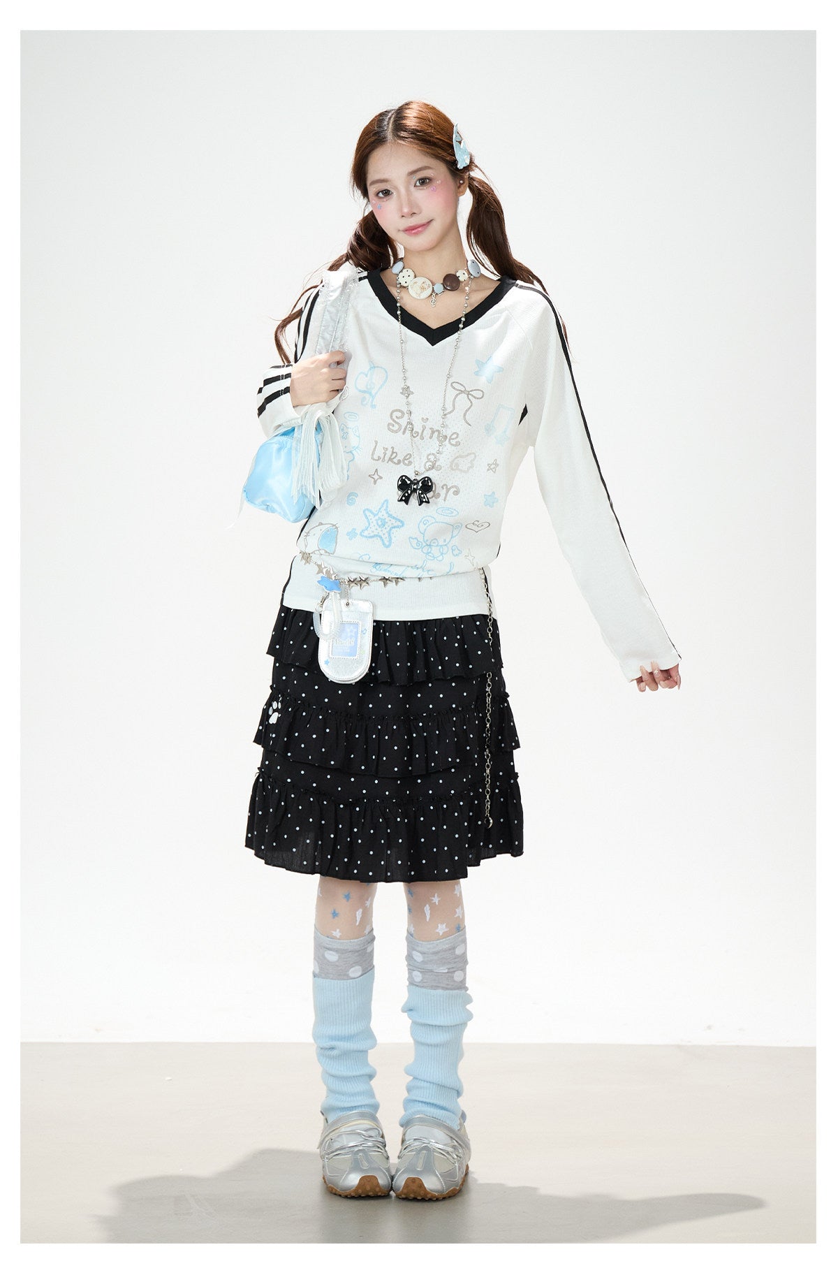 Dreamy Doodle V-Neck Long Sleeve Top & Polka Dot Tiered Ruffle Skirt