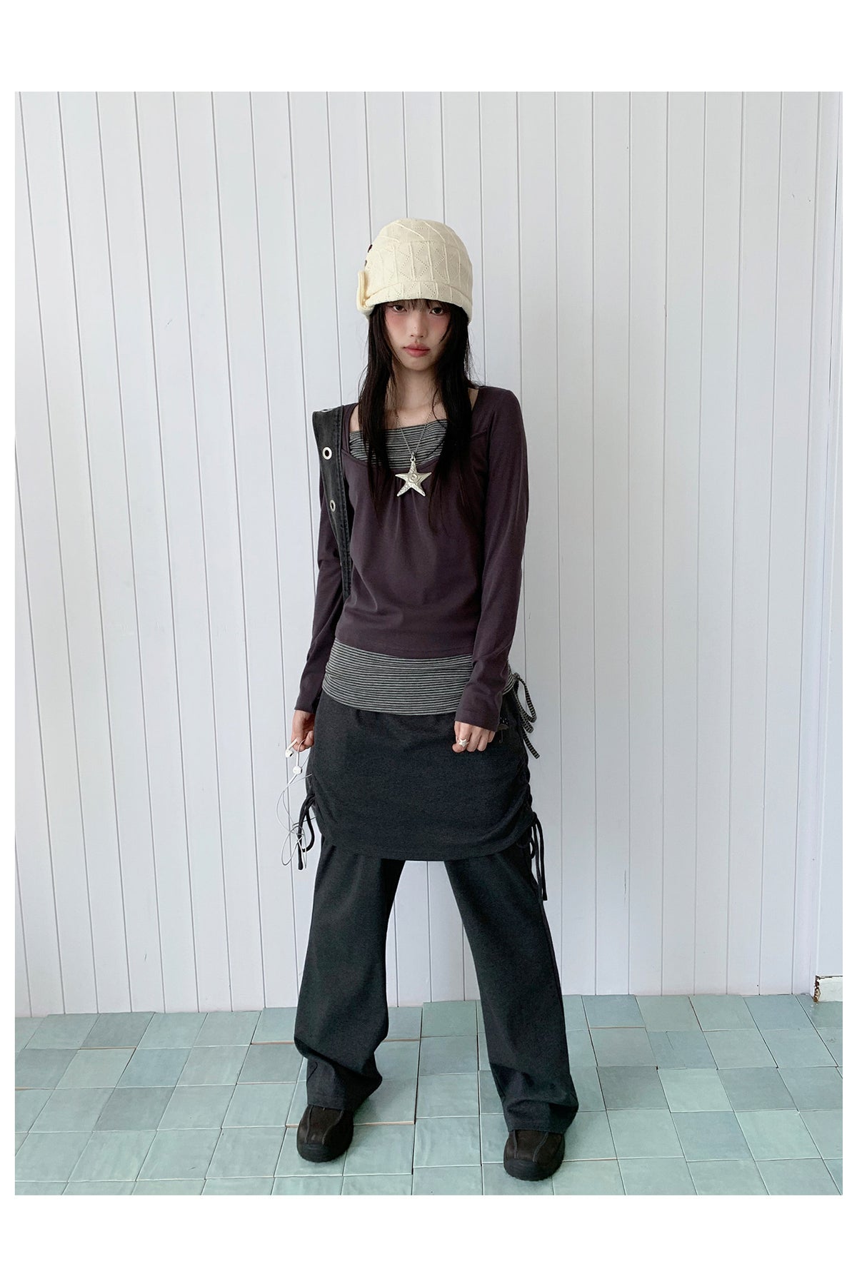 Striped Square-Neck Faux-Layer Drawstring Long Sleeve Top