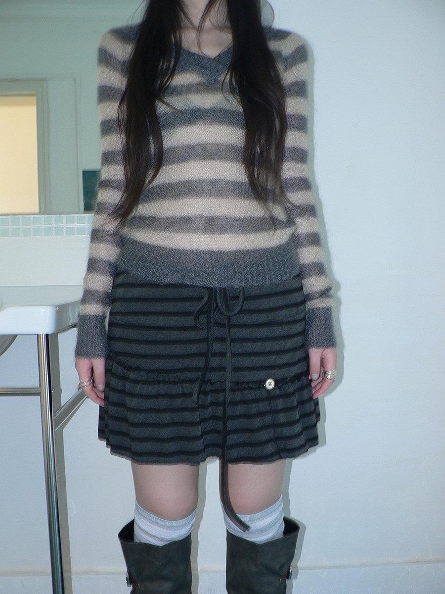 Striped Pleated Tie-Waist Mini Skirt