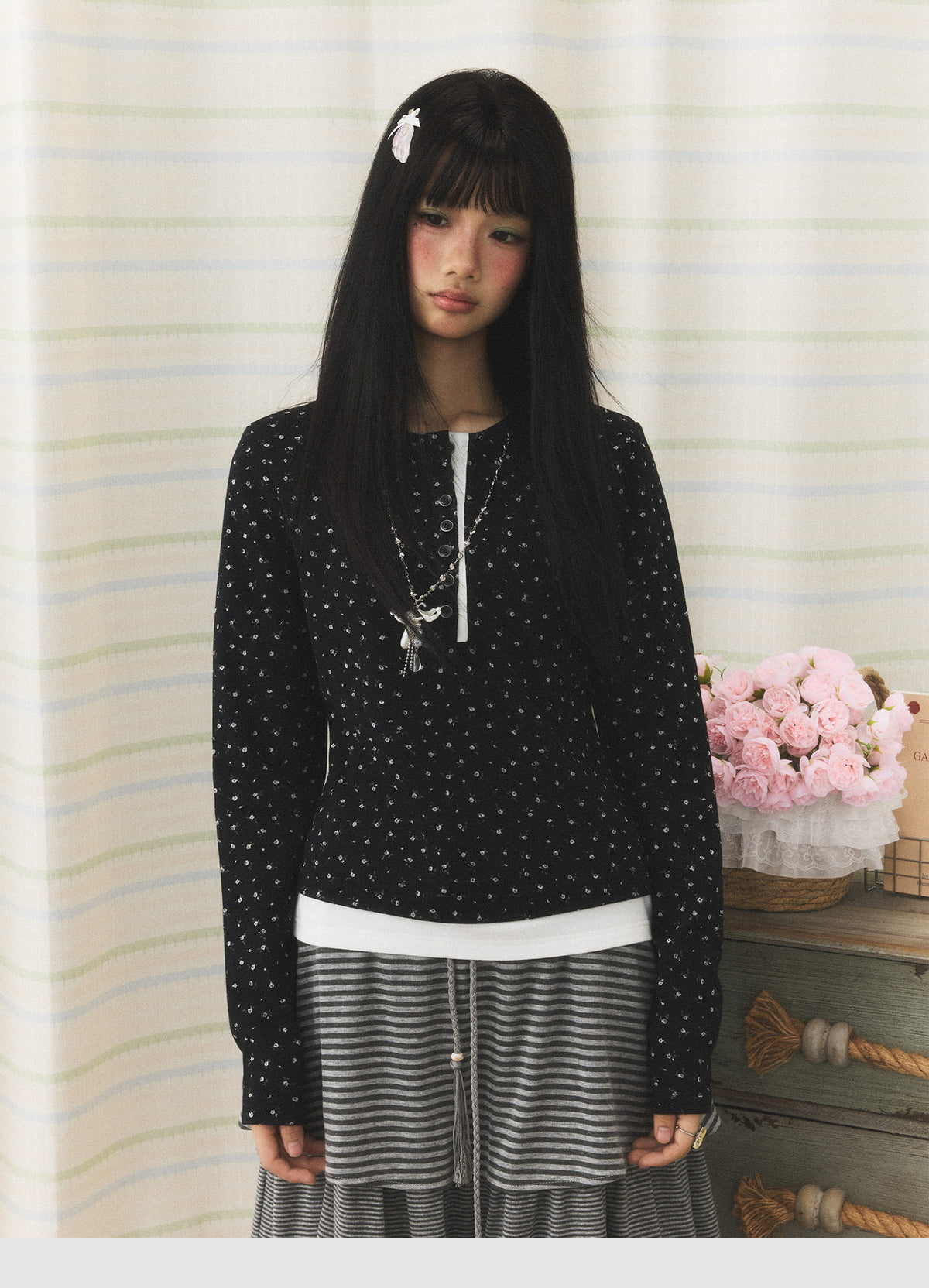 Floral Henley Faux-Layer Long Sleeve Top