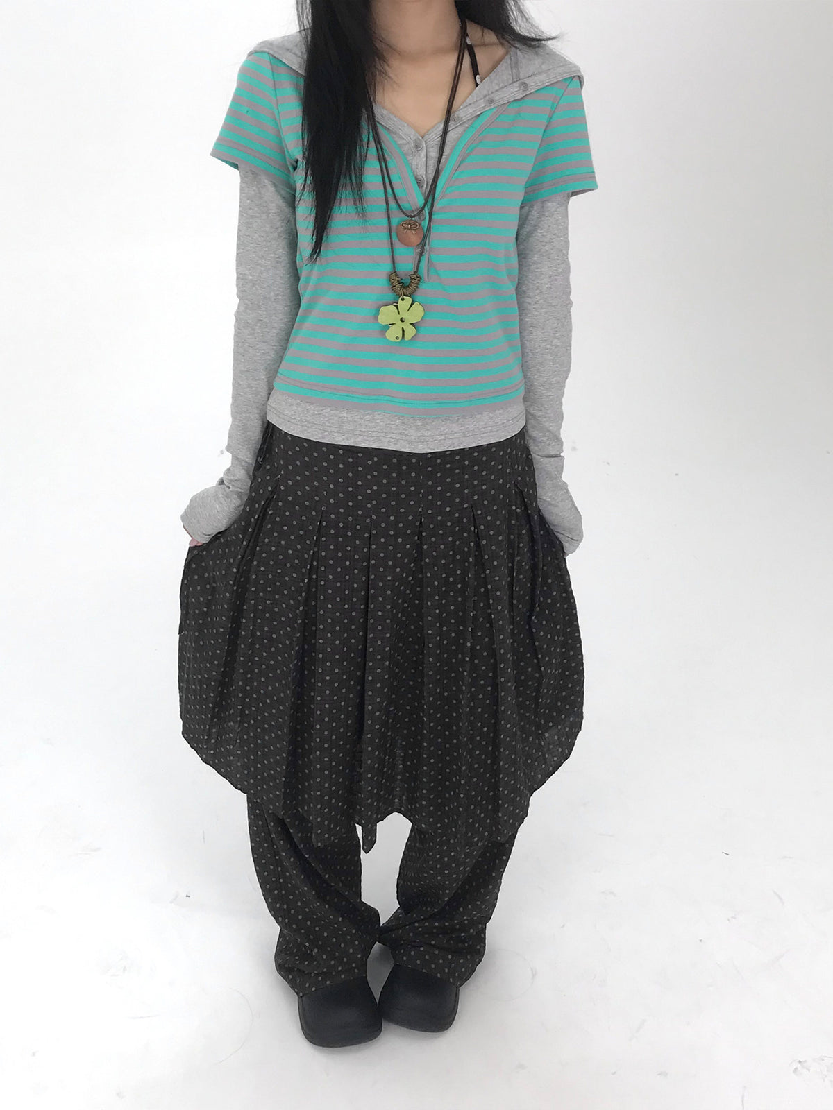 Striped Faux-Layered Hooded Long Sleeve Top