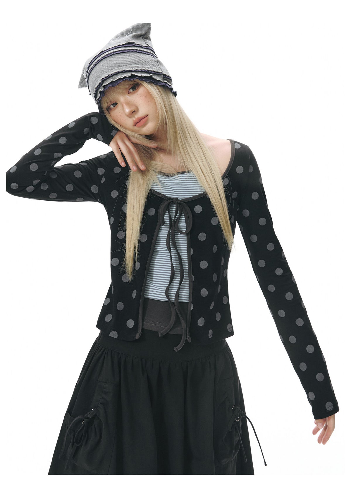 Polka Dot Tie-Front Layered Halter Long Sleeve Top