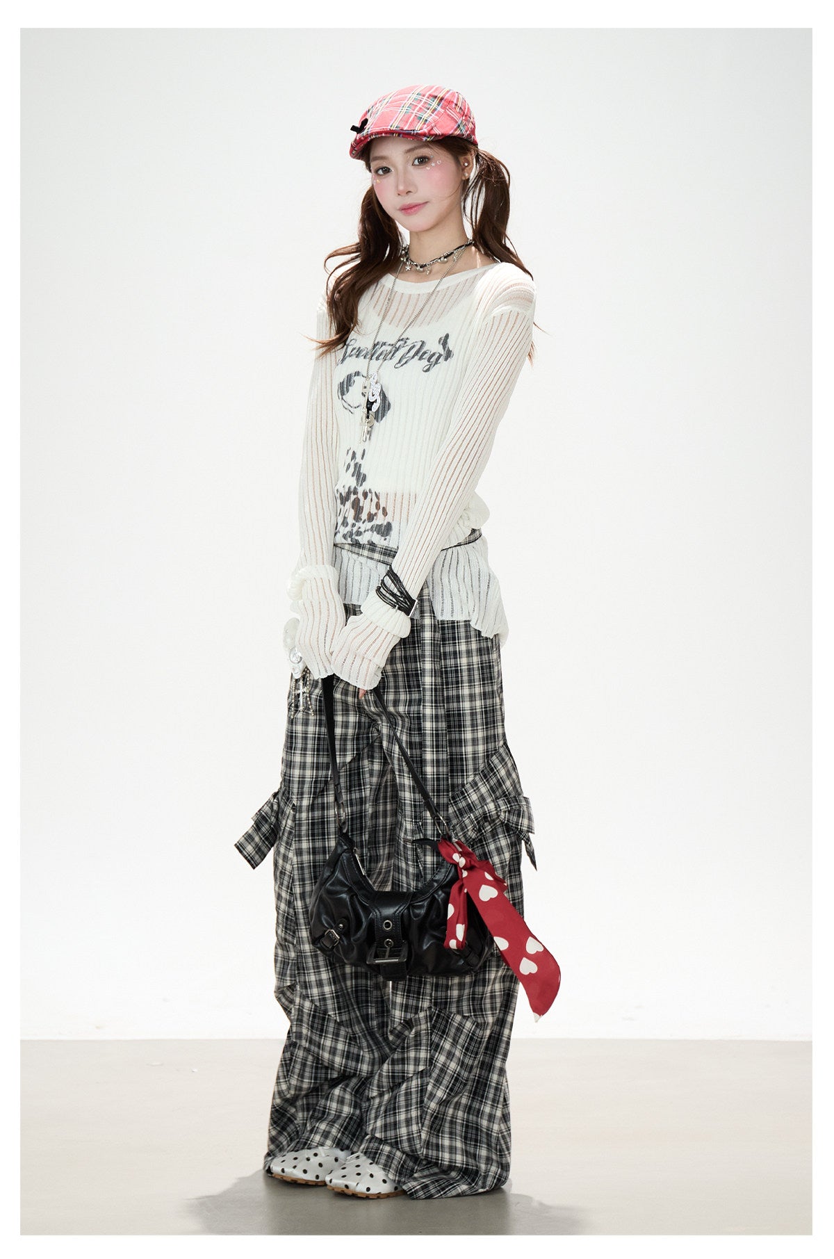 Bow Plaid Cargo Wide Leg Pants