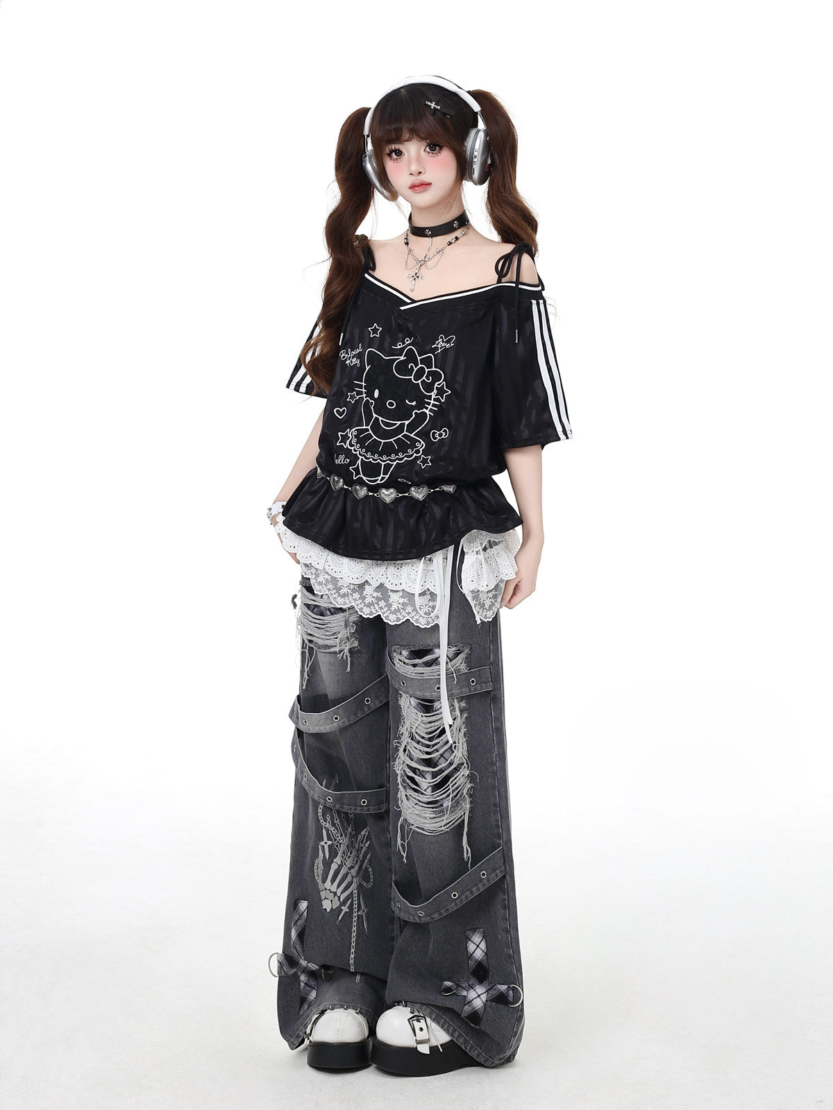 Skeleton Hand Distressed Strap Wide-Leg Jeans