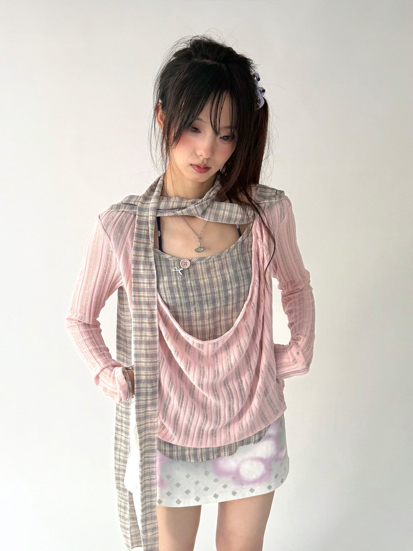 Dusty Pink Plaid Cowl-Neck Layered Top
