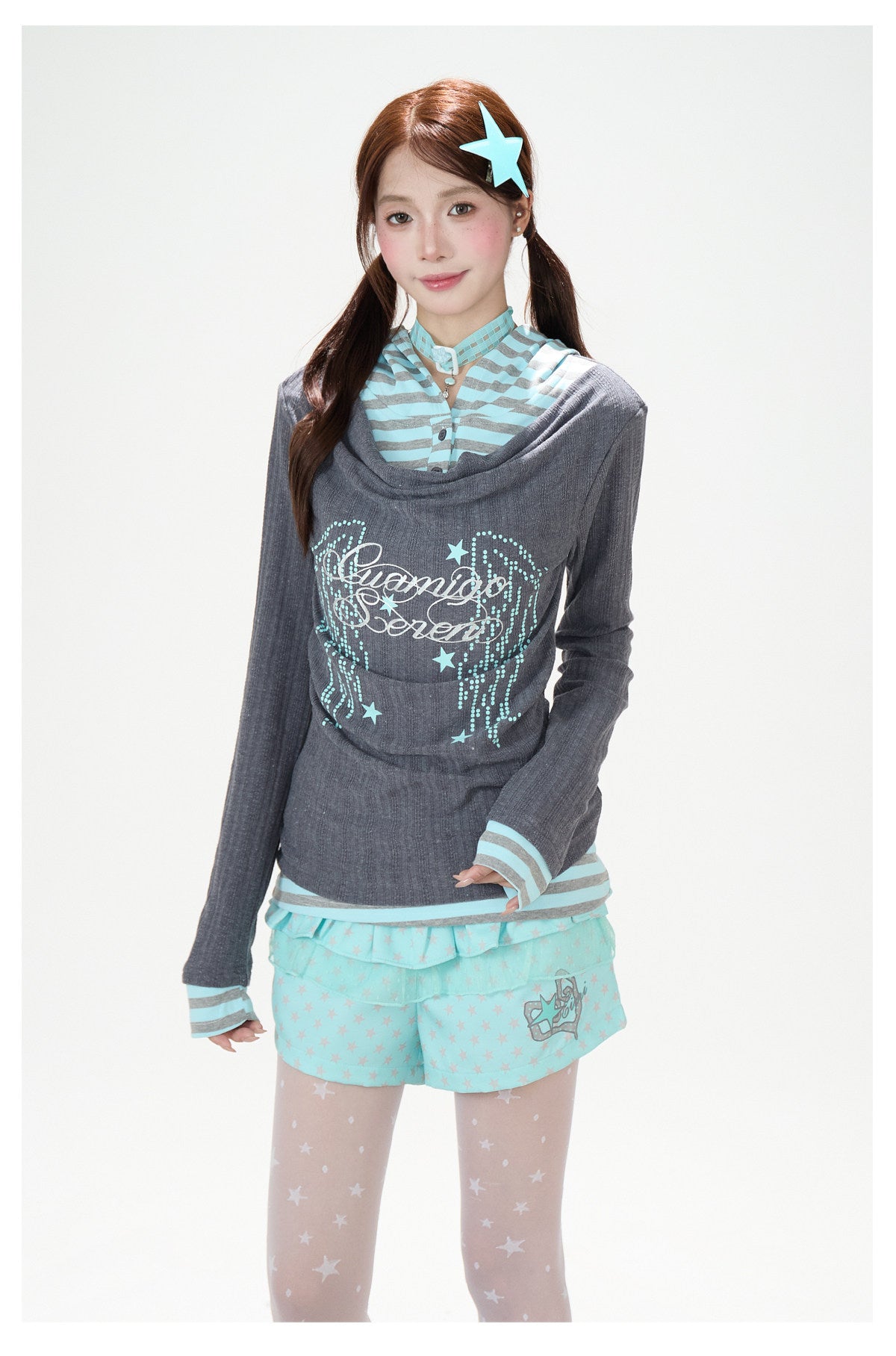 Cowl-Neck Hooded Layered Long Sleeve Top & Gray Wide-Leg Pants