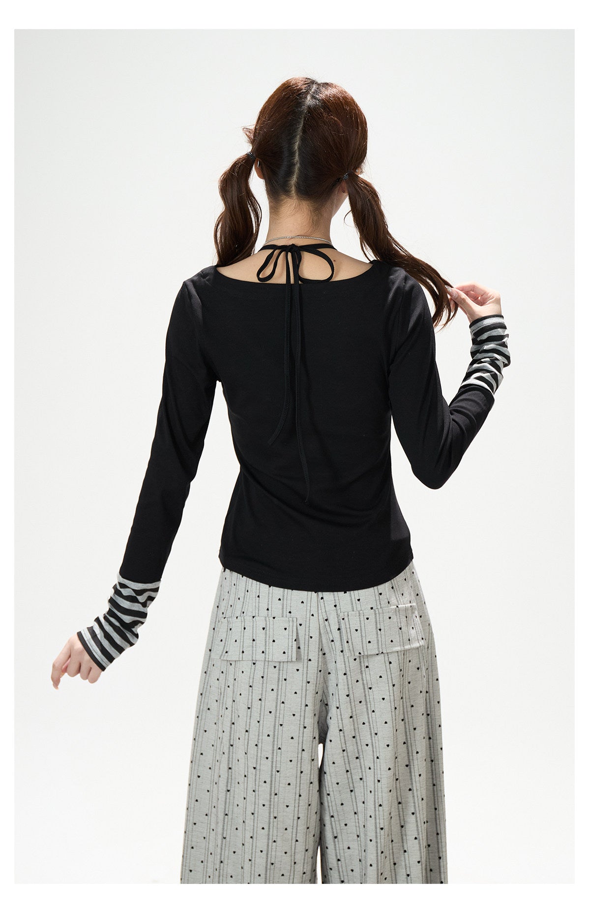 Music Note Bow Stripe-Cuff Long Sleeve Top & Ruffle Overlay Wide-Leg Pants