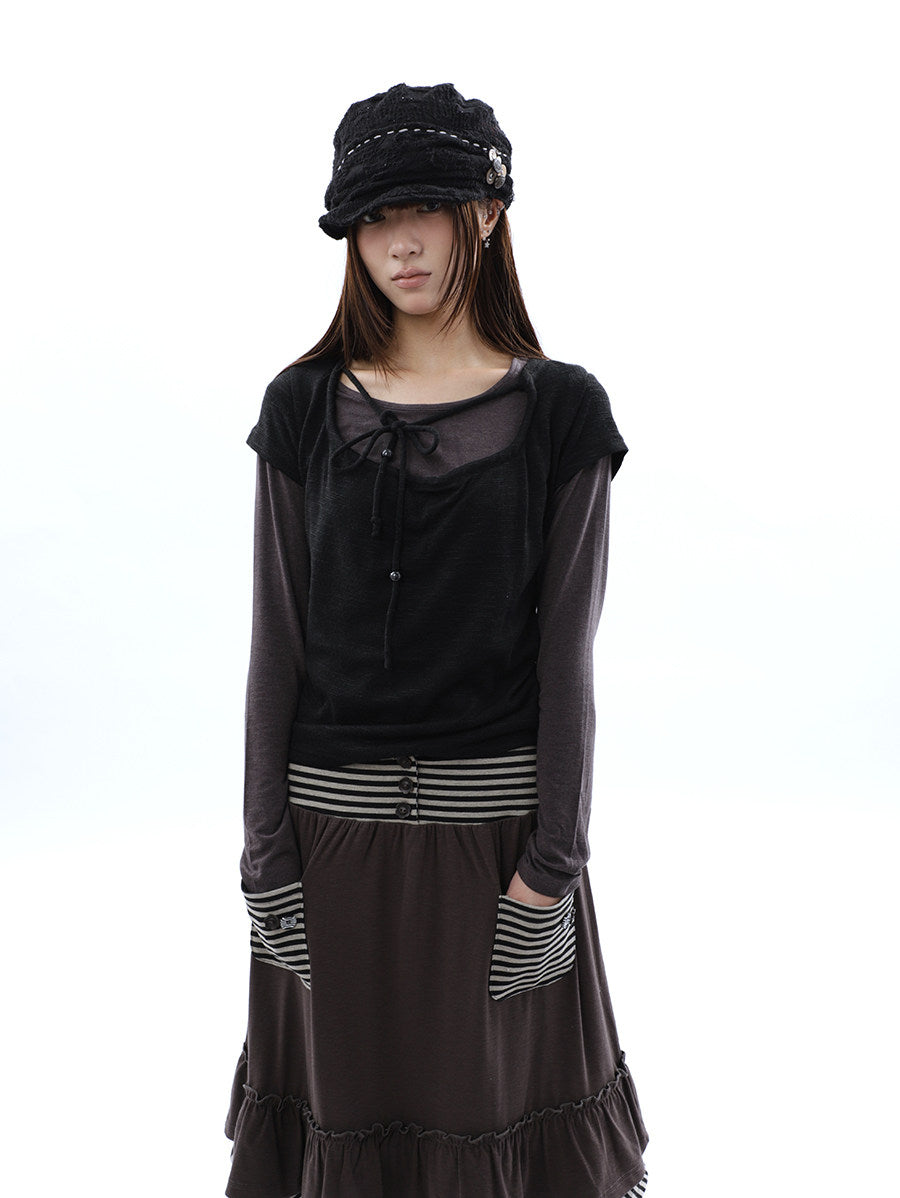Tie-Front Textured Top & Long Sleeve Two-Piece Set