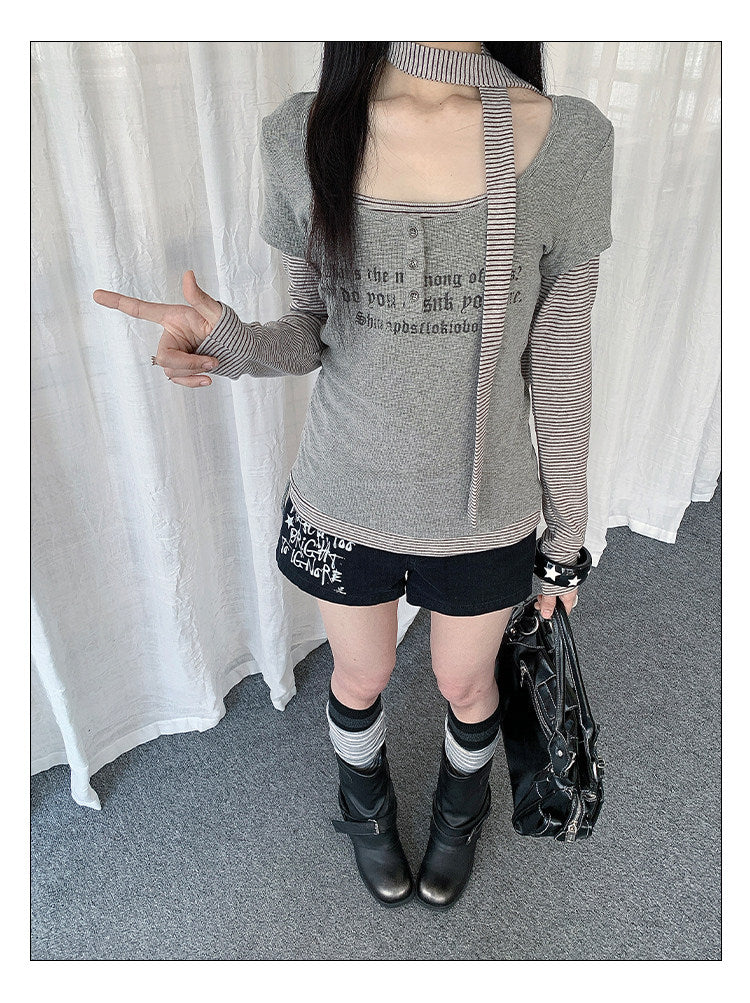 Graphic Layered Henley Long Sleeve Top with Neck Tie