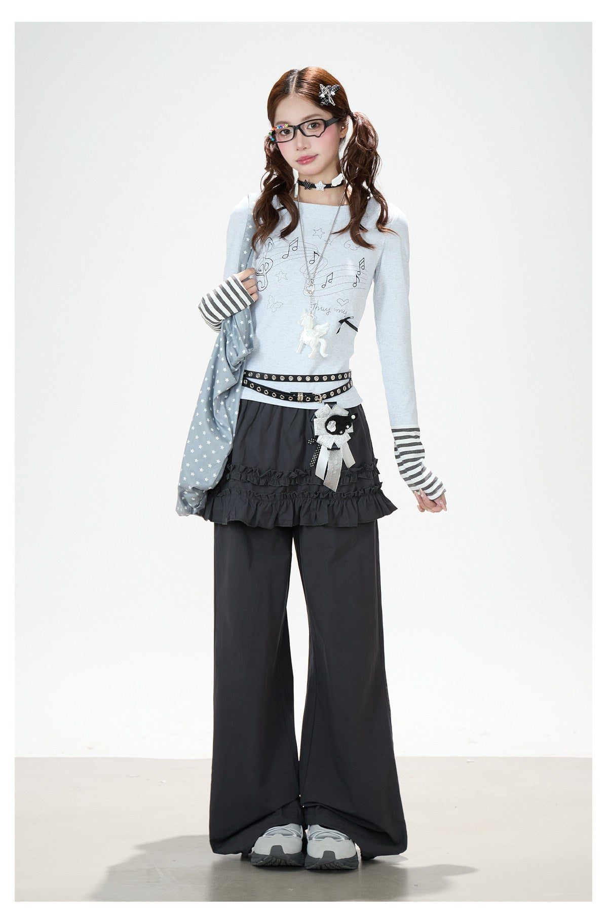 Music Note Bow Stripe-Cuff Long Sleeve Top & Ruffle Overlay Wide-Leg Pants