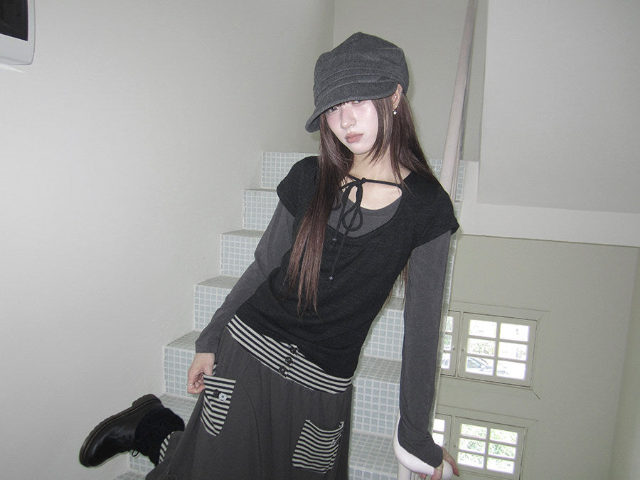 Tie-Front Textured Top & Long Sleeve Two-Piece Set