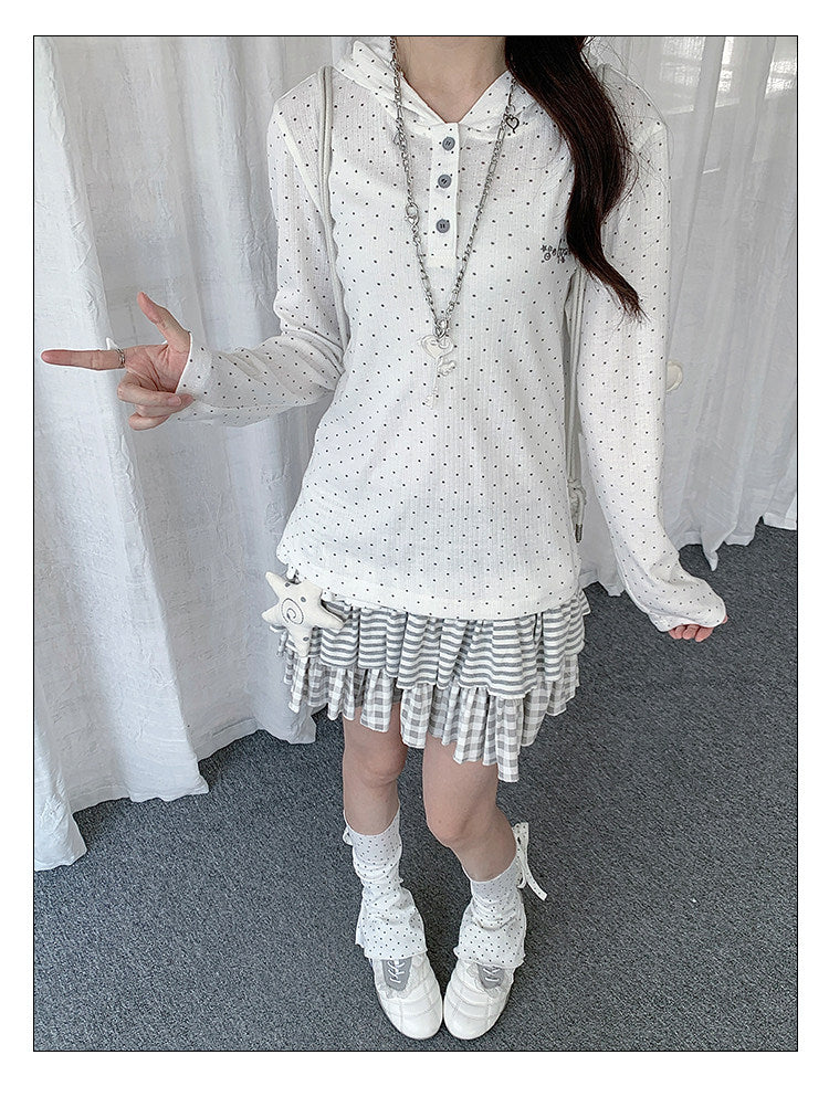 Polka Dot Henley Hooded Long Sleeve Top