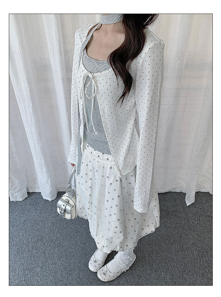 Polka Dot Tie-Front Layered Long Sleeve Top
