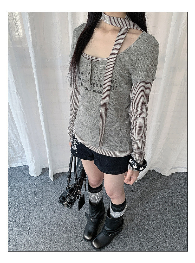 Graphic Layered Henley Long Sleeve Top with Neck Tie