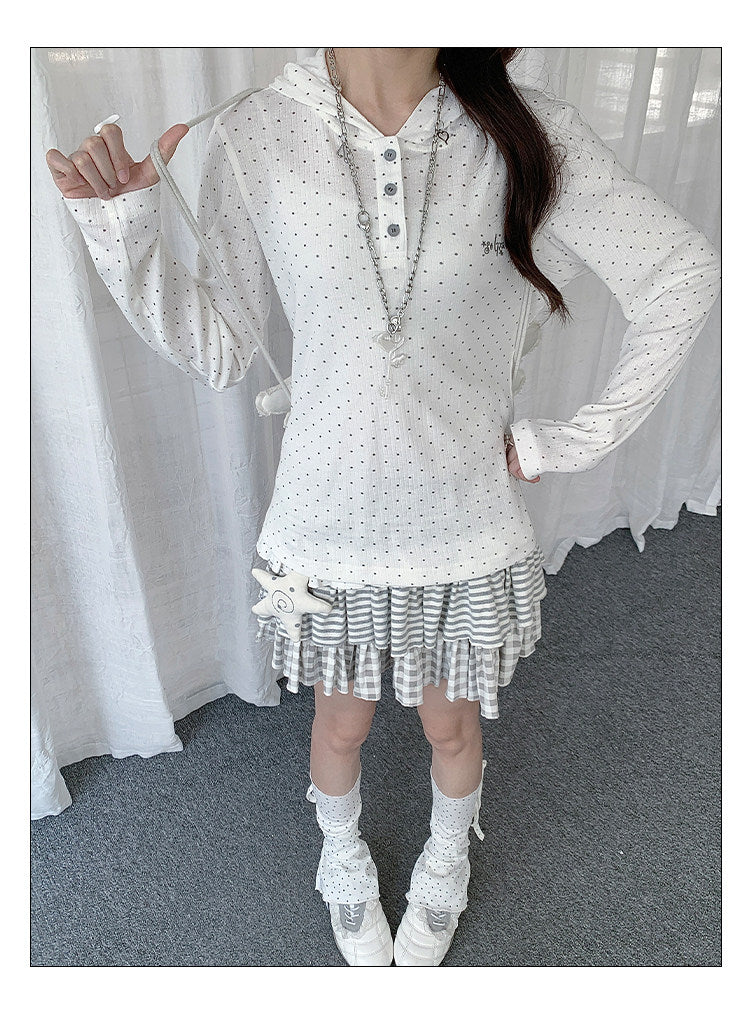 Polka Dot Henley Hooded Long Sleeve Top