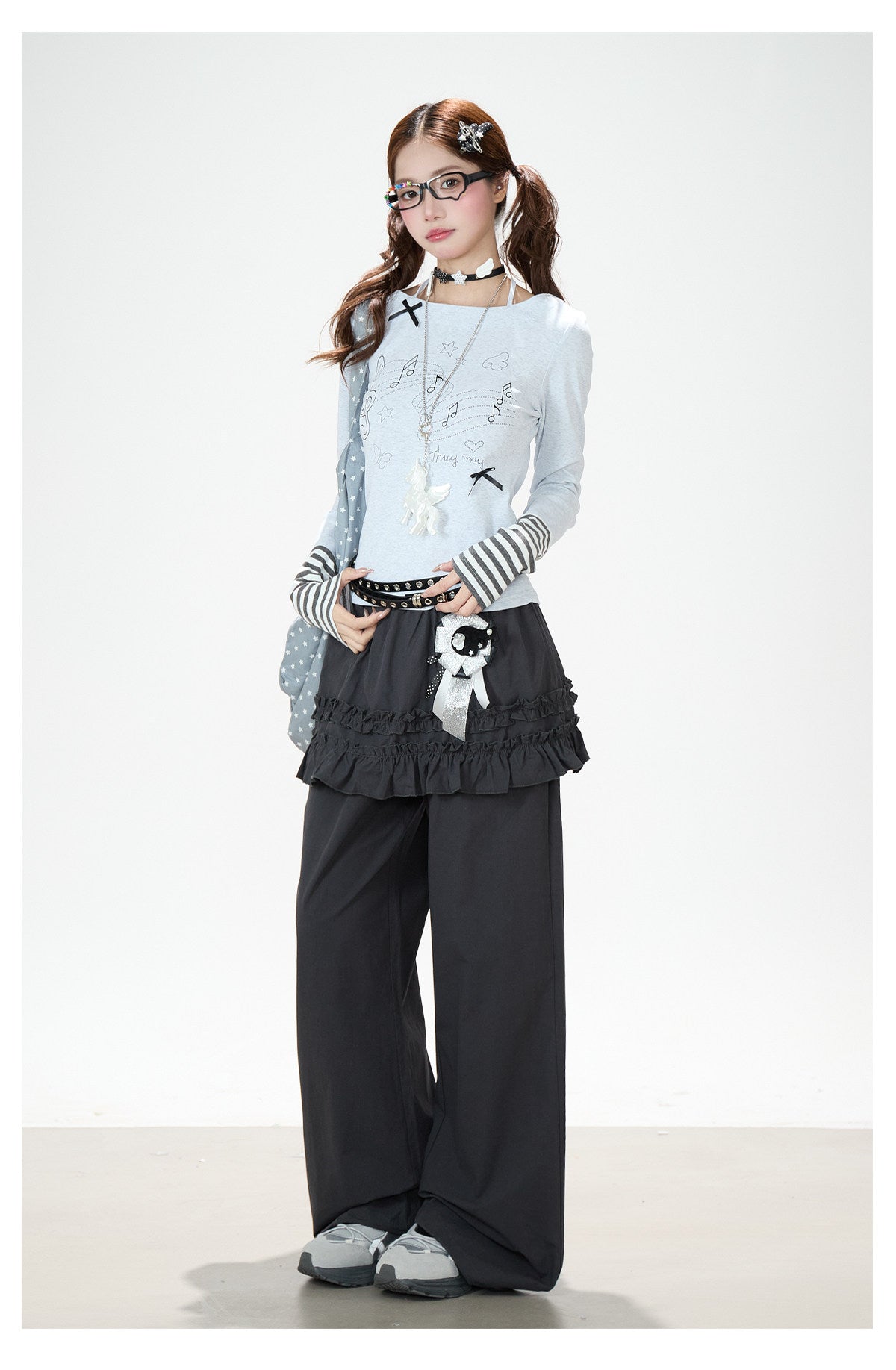 Music Note Bow Stripe-Cuff Long Sleeve Top & Ruffle Overlay Wide-Leg Pants