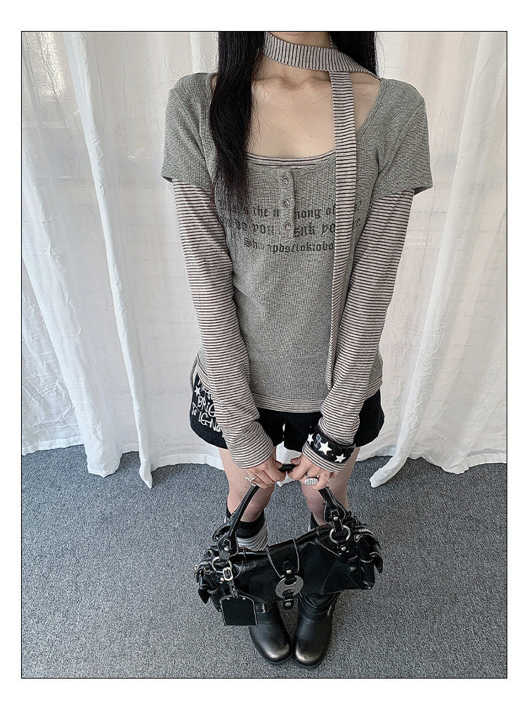 Graphic Layered Henley Long Sleeve Top with Neck Tie