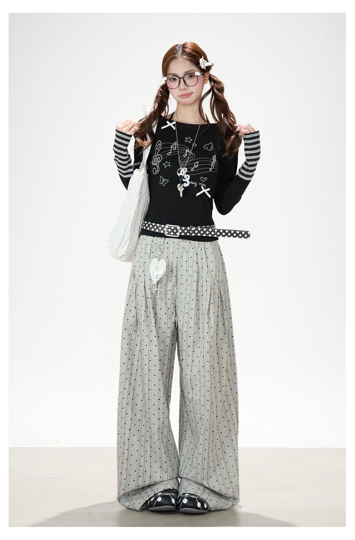 Music Note Bow Stripe-Cuff Long Sleeve Top & Ruffle Overlay Wide-Leg Pants