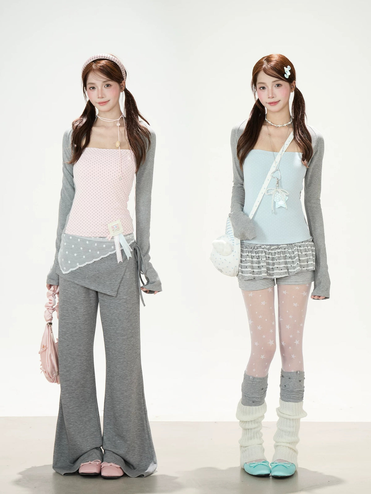 Polka-Dot Layered Cami Long Sleeve Top & Gray Ruffle Shorts