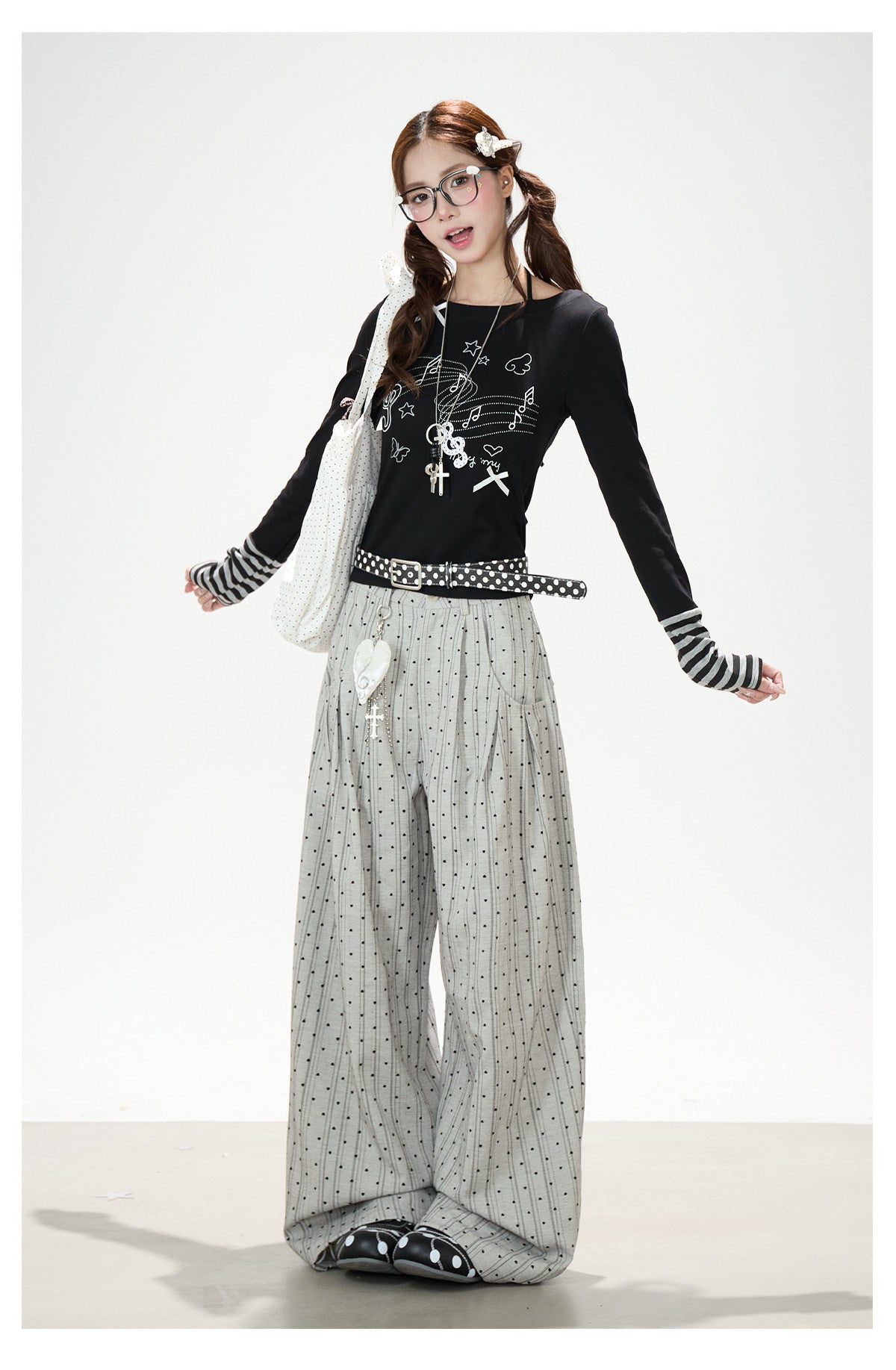 Music Note Bow Stripe-Cuff Long Sleeve Top & Ruffle Overlay Wide-Leg Pants
