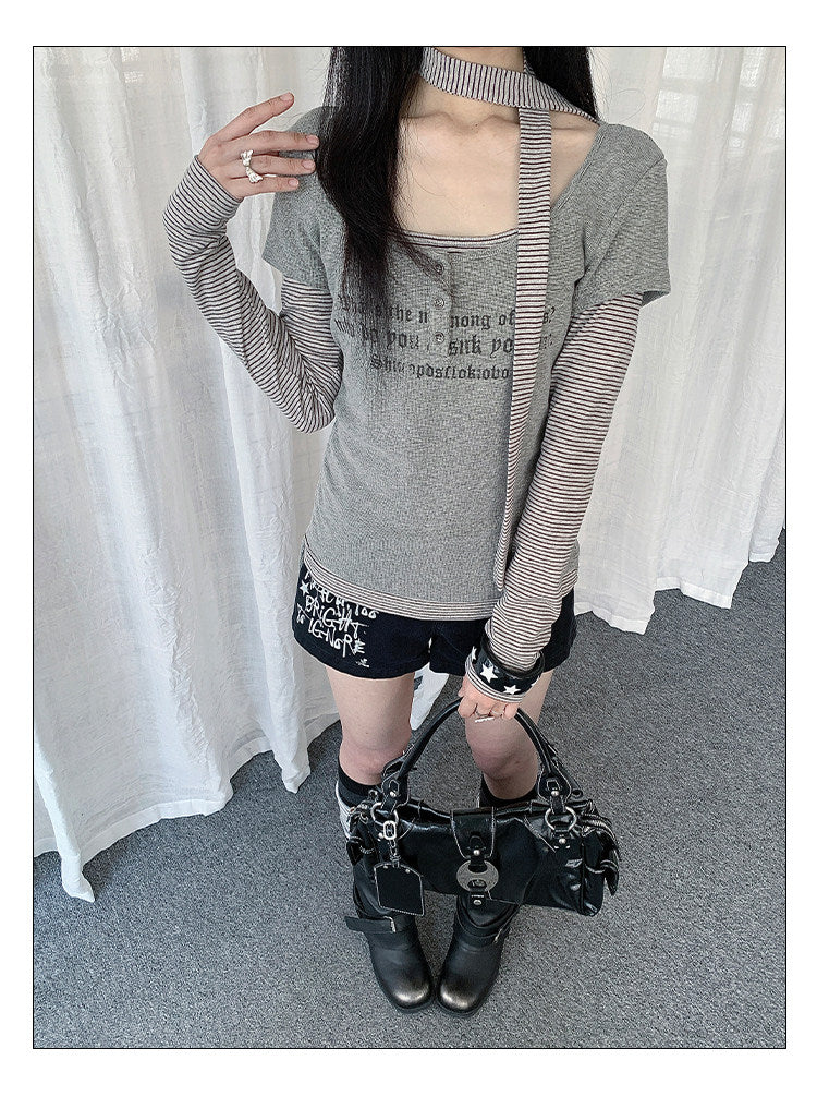 Graphic Layered Henley Long Sleeve Top with Neck Tie