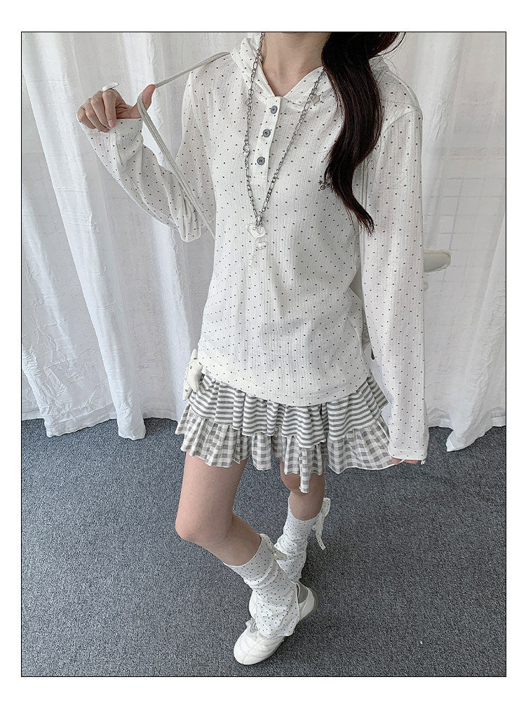 Polka Dot Henley Hooded Long Sleeve Top