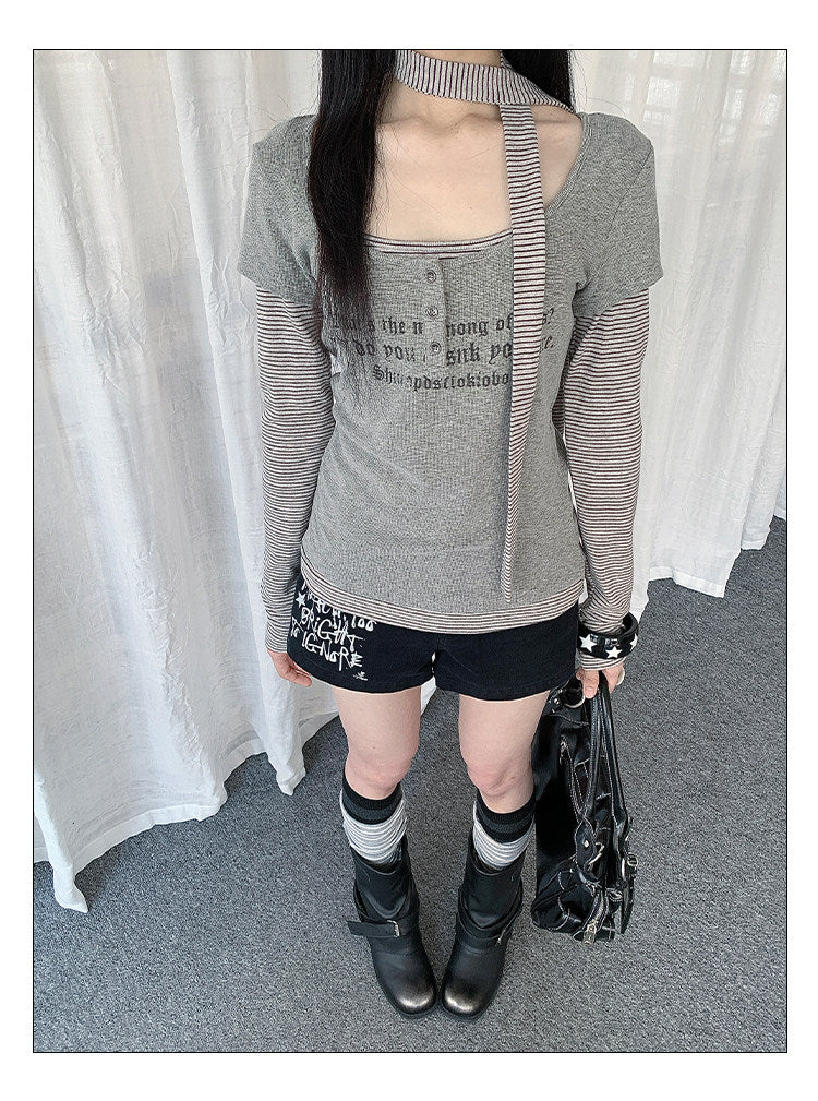 Graphic Layered Henley Long Sleeve Top with Neck Tie